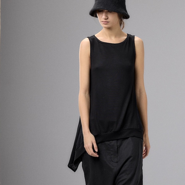 Black Sleeveless Draped Top, Minimalist Asymmetrical Blouse, Capsule Wardrobe Womens Shirt