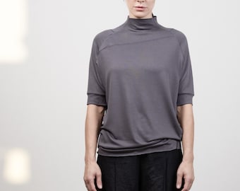 Brown Gray Mock Neck Top, Soft Knit Blouse, Half Sleeve Womens Top, Relaxed Fit Top, Capsule Wardrobe Piece