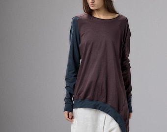 Bordo-Blue Blouse, Asymmetric Cotton Shirt, Modern Long Sleeve Tunic Top, Plus Size Womens Clothing