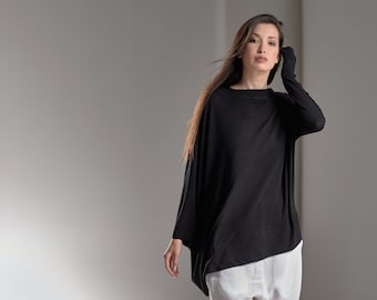 Top de túnica asimétrica / Top de manga larga / Top minimalista negro / Blusa de gran tamaño / Top de túnica AryaSense / TKDAL22BK