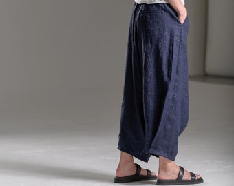 Blue Cropped Linen Pants/ Extravagant Drop Crotch Pants/ Loose Linen Trousers/ Harem Pants by AryaSense / PLLCR20IBL