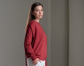 Draped Long Sleeved Cotton Top In Ruby Red / TSSD22RR