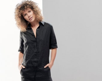 Black Linen Drop Crotch Jumpsuit: Women's Harem Romper