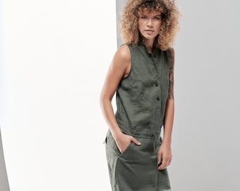 Sleeveless Linen Romper / Military Green Jumpsuit / Women Overall / Drop Crotch Jumpsuit / Linen Romper / Harem Jumpsuit AryaSense RLNSL21MG