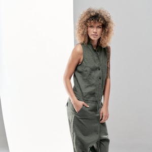 Sleeveless Linen Jumpsuit: Military Green Drop Crotch Romper