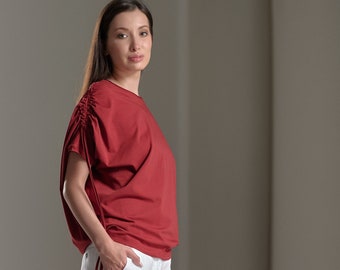 Draped Short Sleeved Cotton Top In Red / TSSK22RR