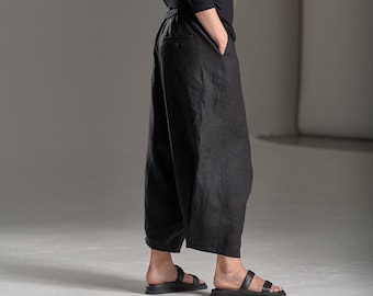 Black Cropped Linen Pants/ Extravagant Drop Crotch Pants/ Loose Linen Trousers/ Harem Pants by AryaSense / PLLCR20BL
