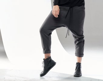 Cotton Pants / Drop Crotch Pants / Anthracite Casual Pants / Cropped Pants / Loose Pants / Pants by Arya Sense PCC21ANT