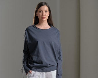 Draped Long Sleeved Cotton Top In Muted Blue / TSSD22MBL