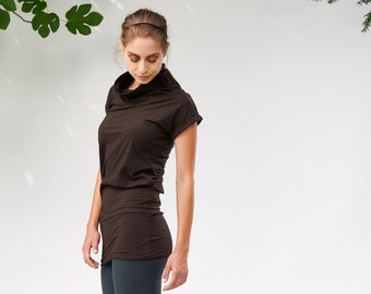 Dark Brown Tunic Top: Cotton Blend Turtleneck, Casual Yoga Blouse