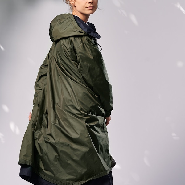 High Neck Parka Coat / Double Face Jacket / Raincoat / Light Jacket / Dark Blue And Military Green Parka Coat by AryaSense