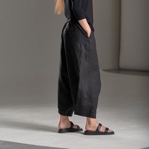 Black Cropped Linen Pants/ Extravagant Drop Crotch Pants/ Loose Linen Trousers/ Harem Pants by AryaSense / PLLCR20BL