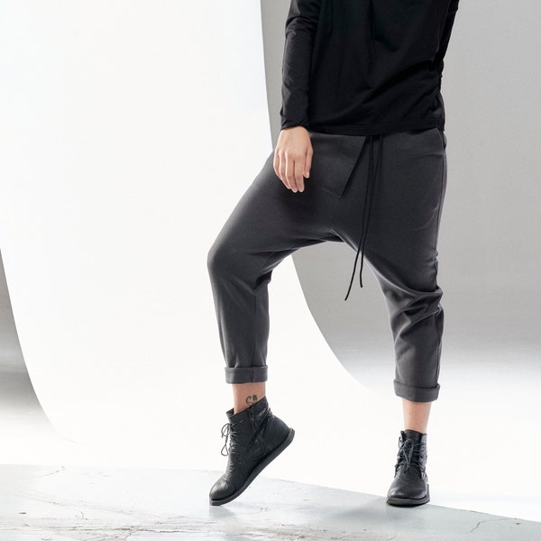 Cotton Pants / Drop Crotch Pants / Anthracite Casual Pants / Cropped Pants / Loose Pants / Pants by Arya Sense PCC21ANT