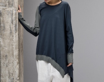 Blue-Green Blouse, Asymmetrical Cotton Tunic, Minimalist Top, Oversized Womens Clothing