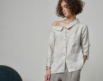 Sand-Colored Linen Shirt with Wide Collar and 7/8 Sleeves AryaSense / SHWC24SD