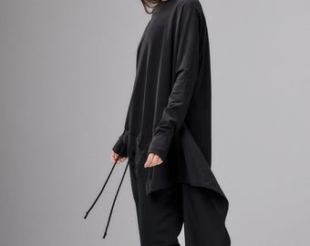 Asymmetrical Black Tunic Top, Futuristic Cotton Blouse, Modern Long Sleeve Shirt