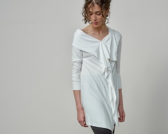 Off White Knit Tunic: Elegant Draped Front, Raw Edges