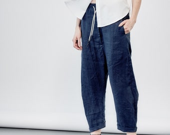 Blue Linen Pants/ Stylish Linen Trousers / Blue Urban Womens Pants/ Drop Crotch Extravagant Pants / Drop Crotch Pants AryaSense 24DJLBU18