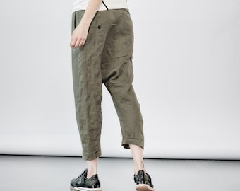 Military Green Linen Pants / Modern Pants / Handmade Pants / Stylish Linen Pants / Women / Arya / Loose Linen Trousers AryaSense 24DJLGN18