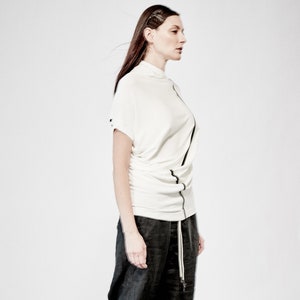 Handmade Asymmetrical Knitted Blouse: Creamy White Short Sleeve Top