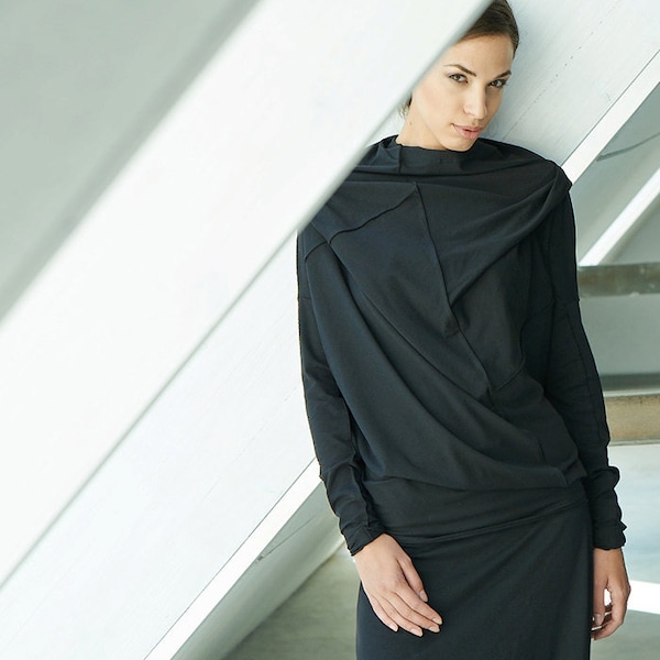 Black Asymmetrical Top / Oversized Top / Black Top / Loose Black Blouse / Urban Clothing / Blouse by AryaSense / TPRD12BL