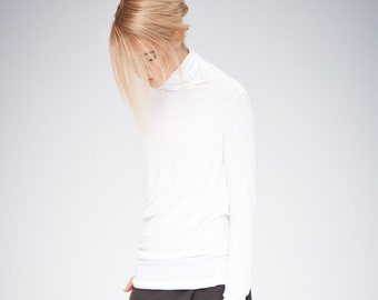 White Draped Turtleneck / Long Sleeved Top / Asymmetrical White Top / Urban Blouse / Casual Top AryaSense TPL14WHT