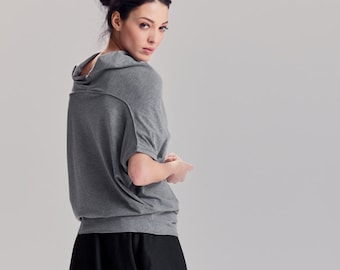 Gray Oversized Blouse, Elegant Short Sleeve Top, Loose Cotton Blend Top
