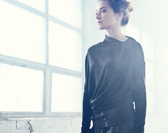 Reversible Black Blouse: Handmade Asymmetrical Polyvisco Top