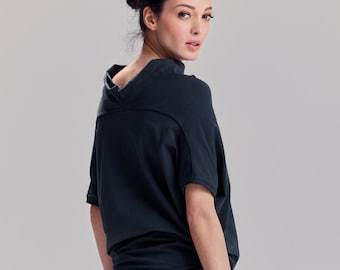 Oversized Muted Blue Blouse, Cotton Batwing Top, Soft Short Sleeve Top