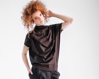Handmade Dark Brown Cotton Asymmetrical Blouse: Oversized Minimalist Top