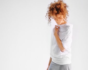 Oversized White Blouse, Cotton Batwing Top, Loose Short Sleeve Top