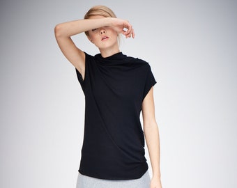 Cap Sleeved Black Top / High Necked Top / Gift For Her / Casual Top / Summer Top / Women Clothing/ TPPSS14BLK