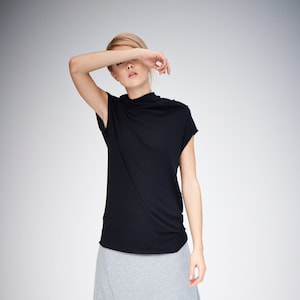 Cap Sleeved Black Top, Minimalist Black Blouse, Raw Seams and Hem Top, Plus Sizes Available, Casual Black Top, Asymmetrical Top, 1099BL