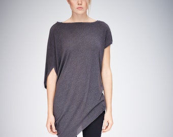 Brown Gray Loose Tunic Top – Oversized Short Sleeve Blouse, Draped Minimalist Top