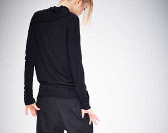 Black Minimalist Top, Asymmetrical Long Sleeve Blouse, Elegant Womens Top, Black Knit Blouse