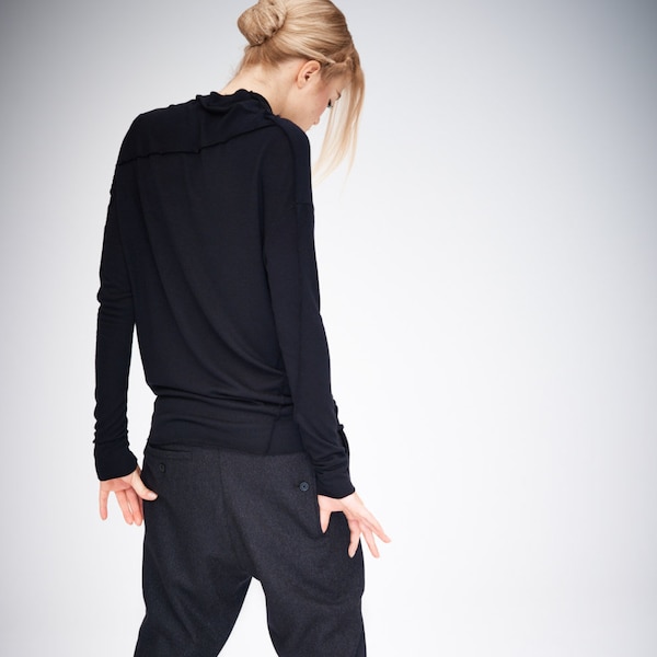 Black Minimalist Top, Asymmetrical Long Sleeve Blouse, Elegant Womens Top, Black Knit Blouse