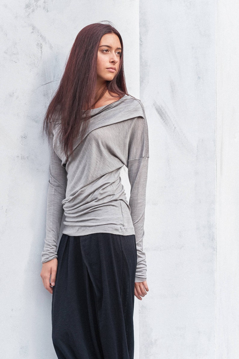 Asymmetrical Top / Drape Wool Top / Casual Long Sleeved Top/ Wrap Off Shoulder Top/ Heather Gray Blouse by Arya Sense / TDFLD17LGR image 1