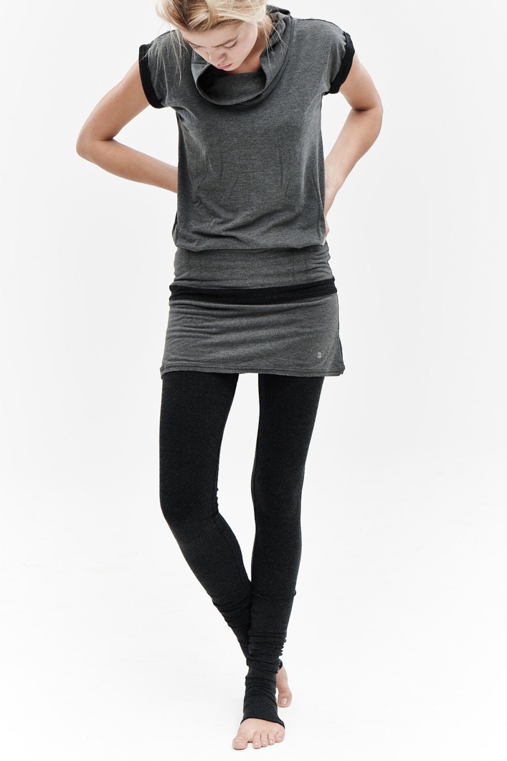Arya Yoga Leggings/ Charcoal Melange Tights With Spats / Extra Long L…