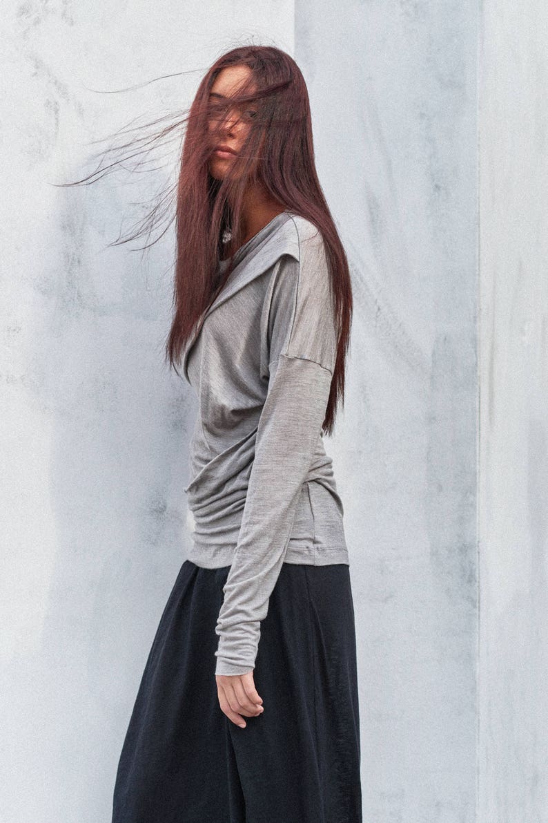 Asymmetrical Top / Drape Wool Top / Casual Long Sleeved Top/ Wrap Off Shoulder Top/ Heather Gray Blouse by Arya Sense / TDFLD17LGR image 2