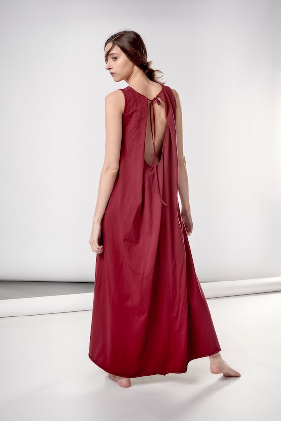 Ruby Red Cotton Maxi Dress: Sleeveless Summer Casual