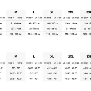 May include: Size chart with bust, waist, and hip measurements in inches and centimeters. Sizes range from XS to 4XL, with corresponding US and UK sizes. The chart provides detailed measurements for each size.