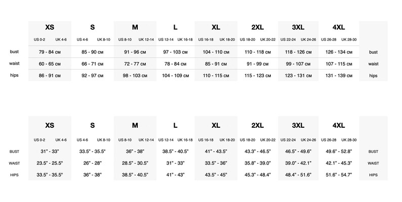 May include: Size chart with bust, waist, and hip measurements in inches and centimeters. Sizes range from XS to 4XL, with corresponding US and UK sizes. The chart provides detailed measurements for each size.