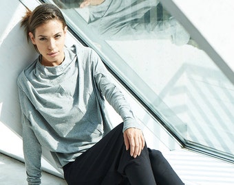 Grey Cotton Asymmetrical Blouse: Oversized Long Sleeve Top
