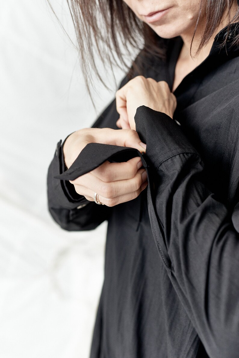 Black Irregular Dress With Strings Cotton Dress Summer Overall Black Shirt Long Sleeved Dress Oversized Top AryaSense 8SHNRBALS19