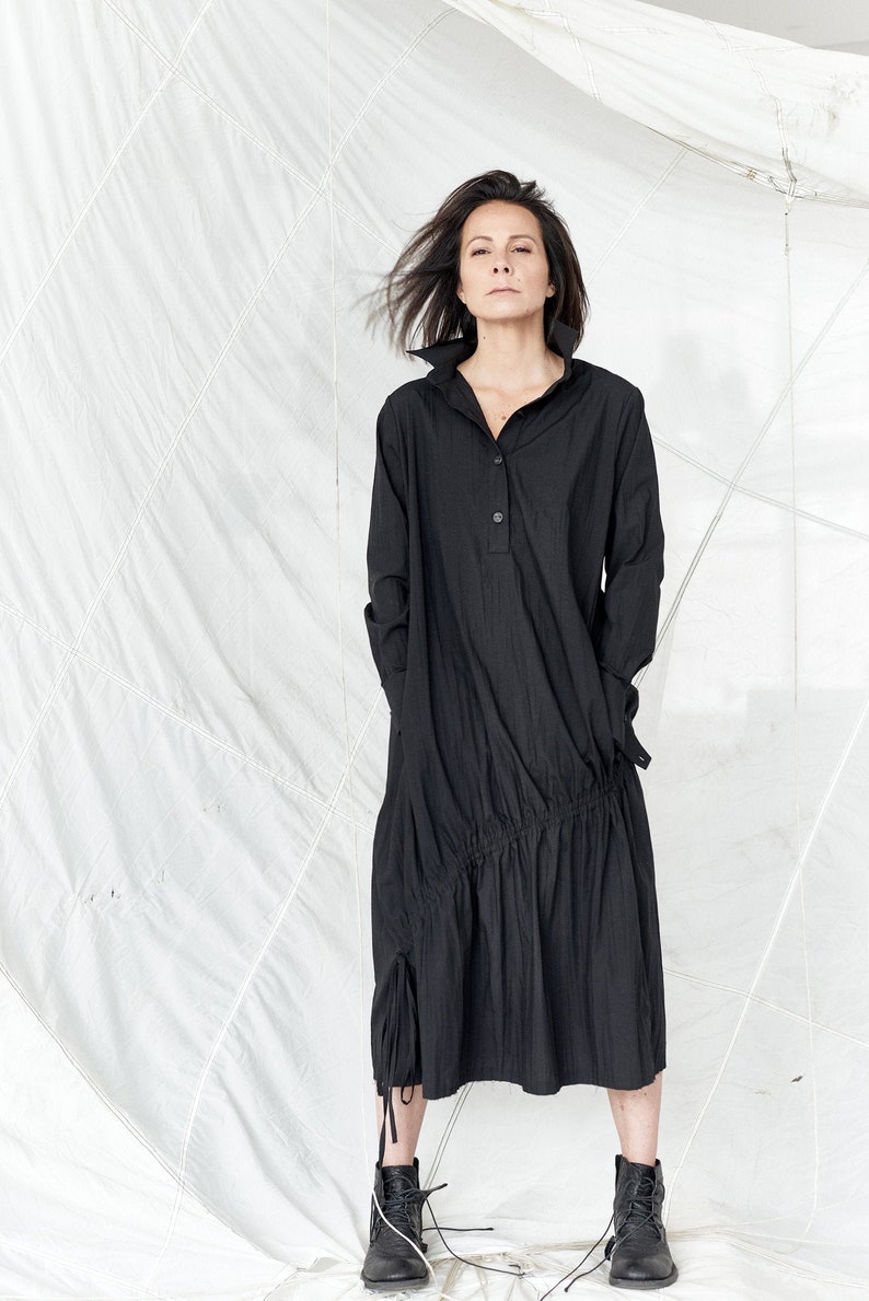 Black Irregular Dress With Strings Cotton Dress Summer Overall Black Shirt Long Sleeved Dress Oversized Top AryaSense 8SHNRBALS19