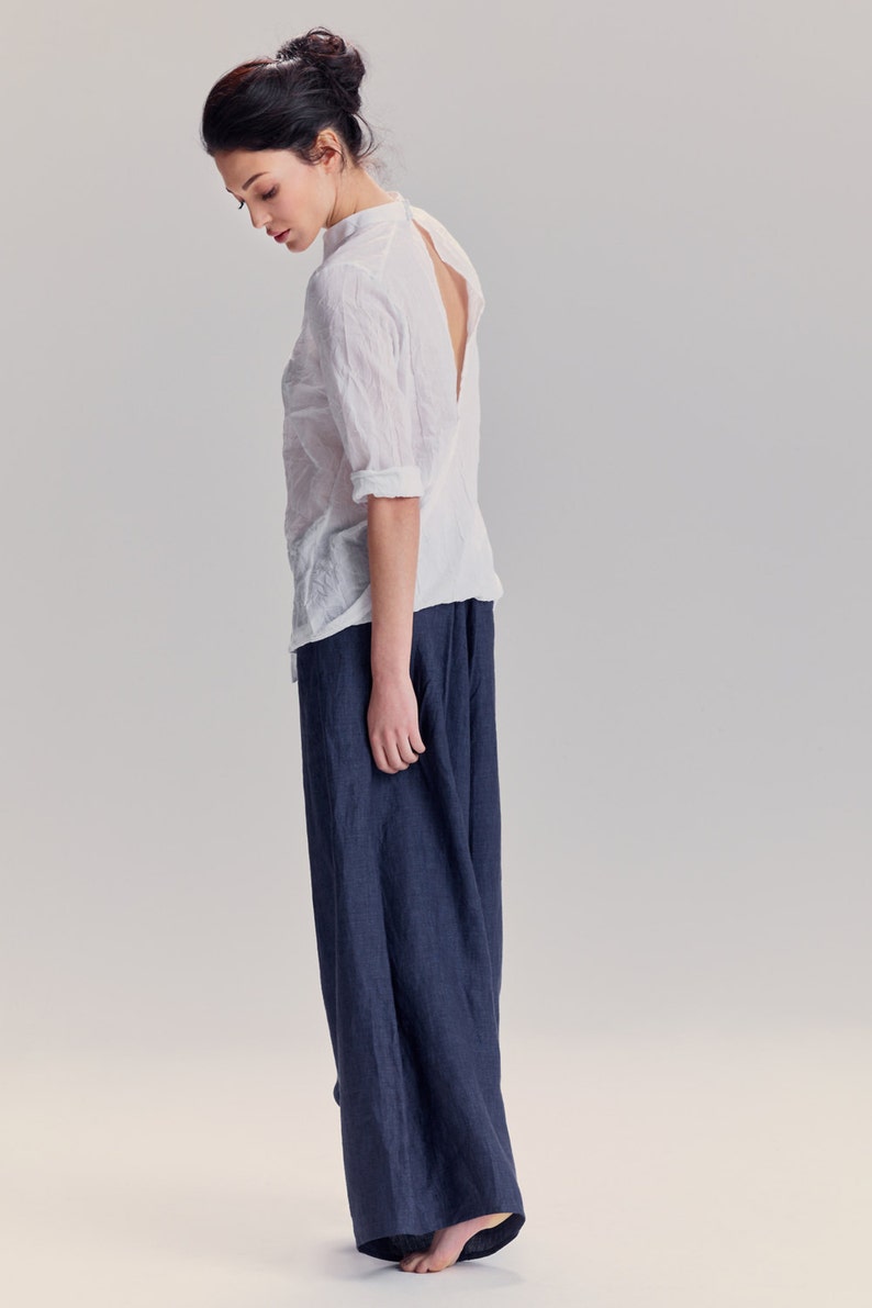 Ink Blue Linen Pants, Extravagant Drop Crotch Pants, Loose Linen Trousers, Stylish Harem Pants by AryaSense image 2