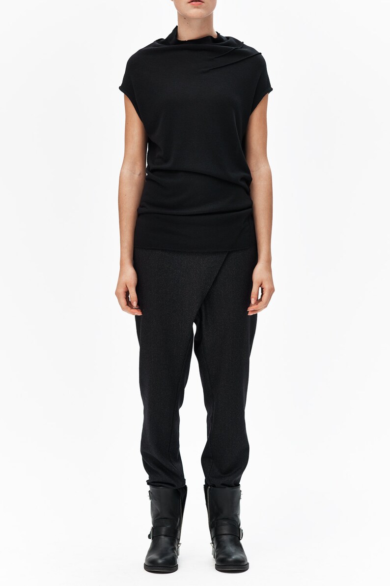 Cap Sleeved Black Top High Necked Top Women/'s Black Blouse Casual Top Asymmetrical Top by AryaSense TPPKR14BL