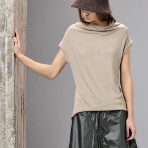 Beige Asymmetrical Top, Minimalist High Neck Blouse, Cap Sleeve Womens Top, Neutral Minimal Clothing, Capsule Wardrobe Piece image 7