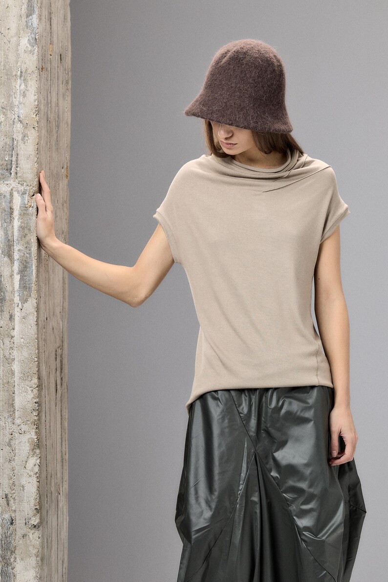 Beige Asymmetrical Top, Minimalist High Neck Blouse, Cap Sleeve Womens Top, Neutral Minimal Clothing, Capsule Wardrobe Piece image 7