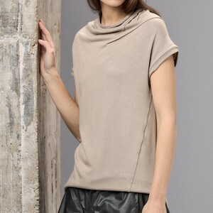 Beige Asymmetrical Top, Minimalist High Neck Blouse, Cap Sleeve Womens Top, Neutral Minimal Clothing, Capsule Wardrobe Piece image 6